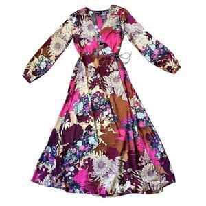 NWT Lulus Put on a Smile Burgundy Floral Print Satin Full Wrap Maxi Dress Small